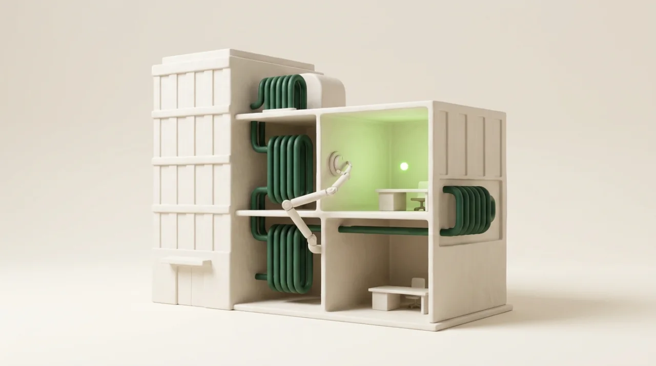 Soft 3D scene: a building cutaway with HVAC coils while a robotic arm adjusts a thermostat and one room glows comfortable