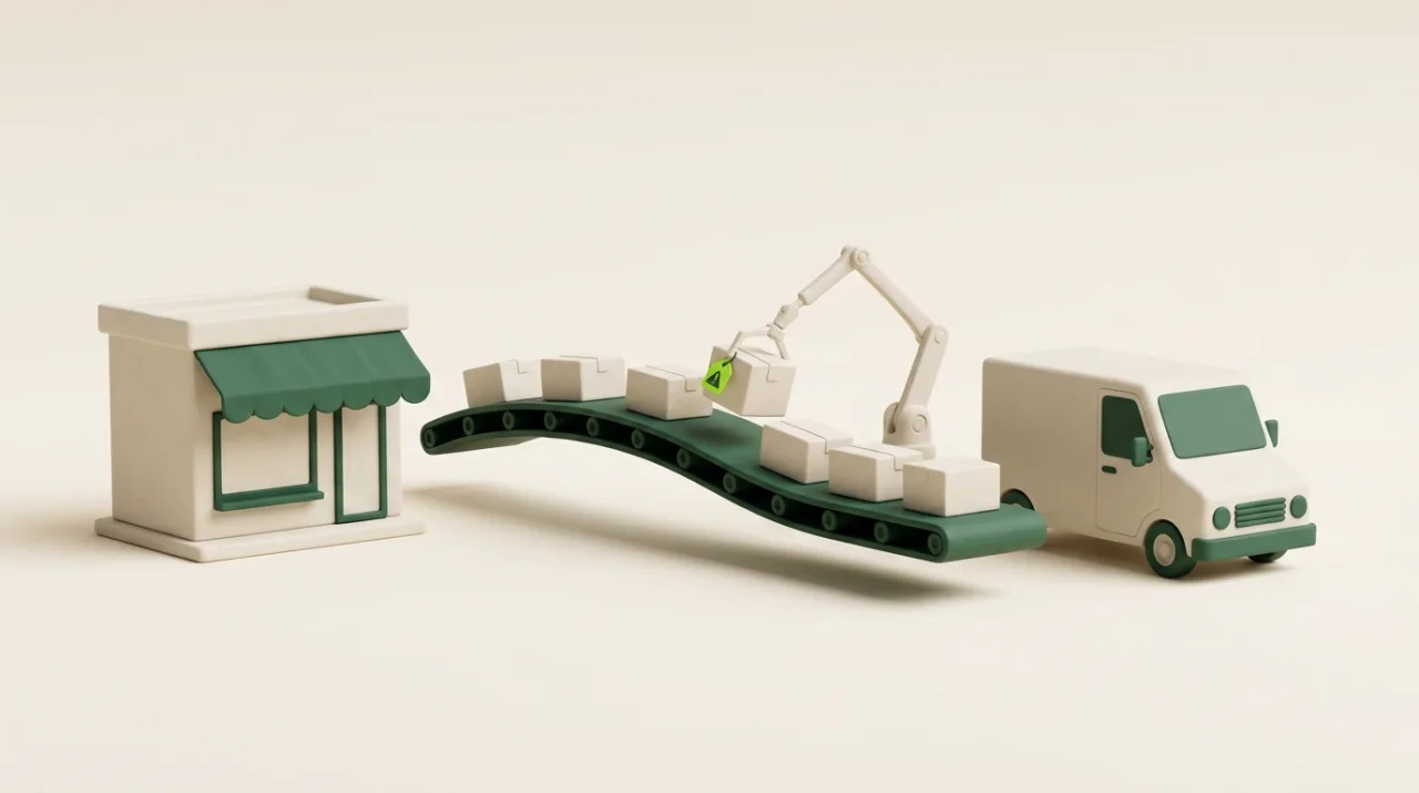 Soft 3D scene: parcels flow from a storefront toward a delivery van while a robotic arm lifts one flagged order off the line