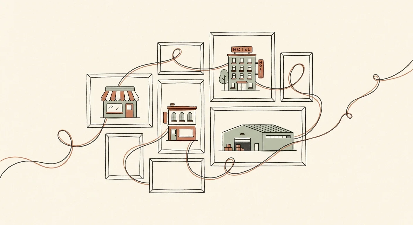 Warm editorial illustration of customers' operations — orders, rooms, and floors — running under one attentive operator