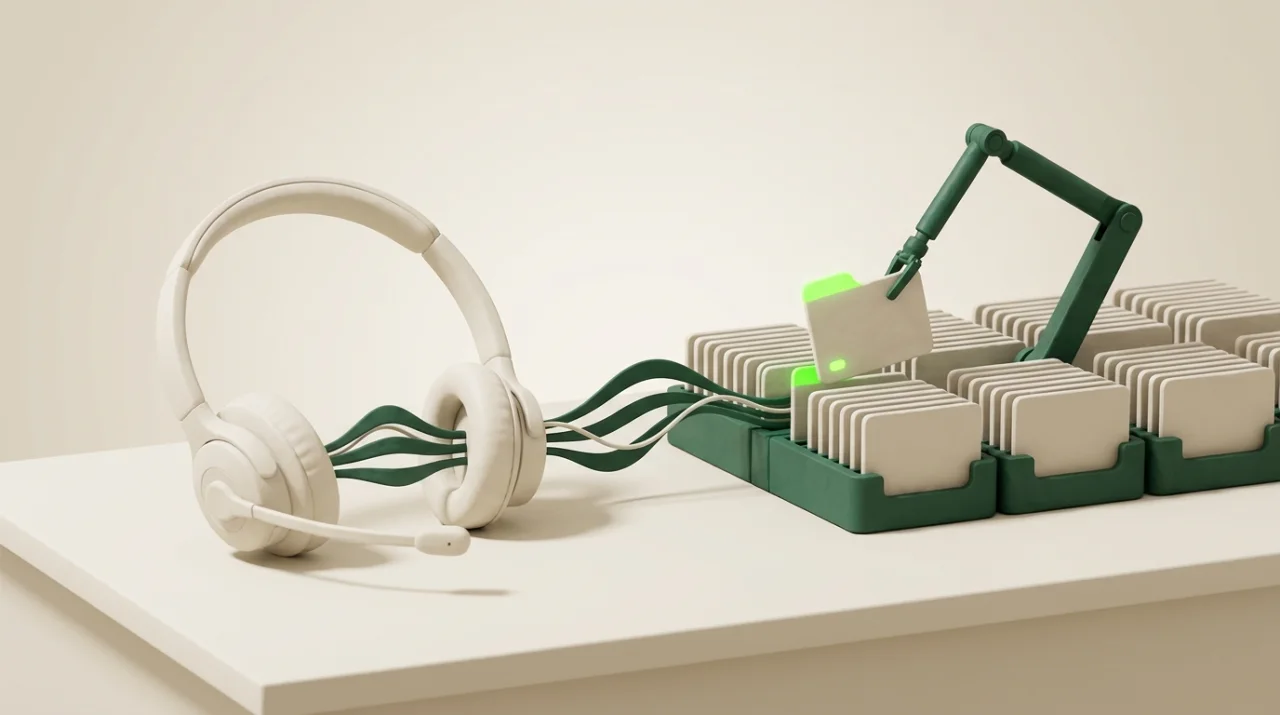 Soft 3D scene: a headset feeds sorted conversation cards while a robotic arm lifts one flagged for coaching