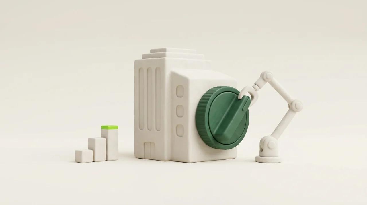 Soft 3D scene: a robotic arm eases a building's power dial down a notch beside a trimmed demand chart