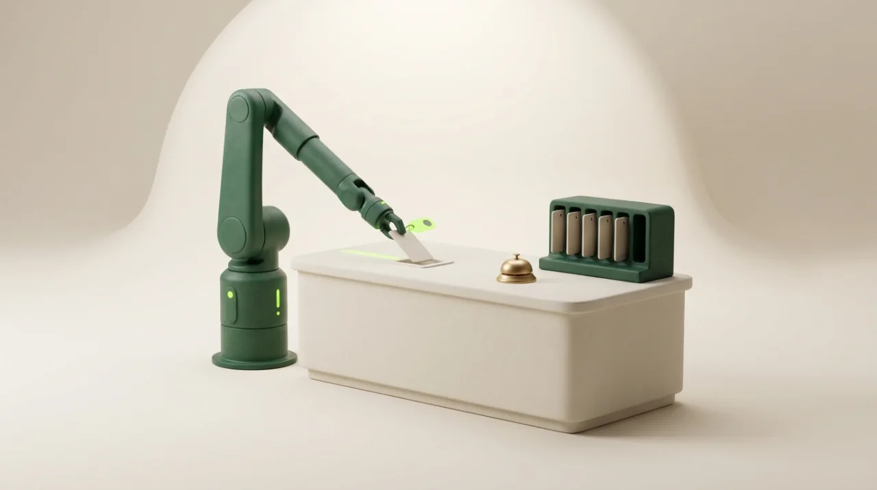 Soft 3D scene: a hotel front desk where a robotic arm slides a tagged key card into a guest slot