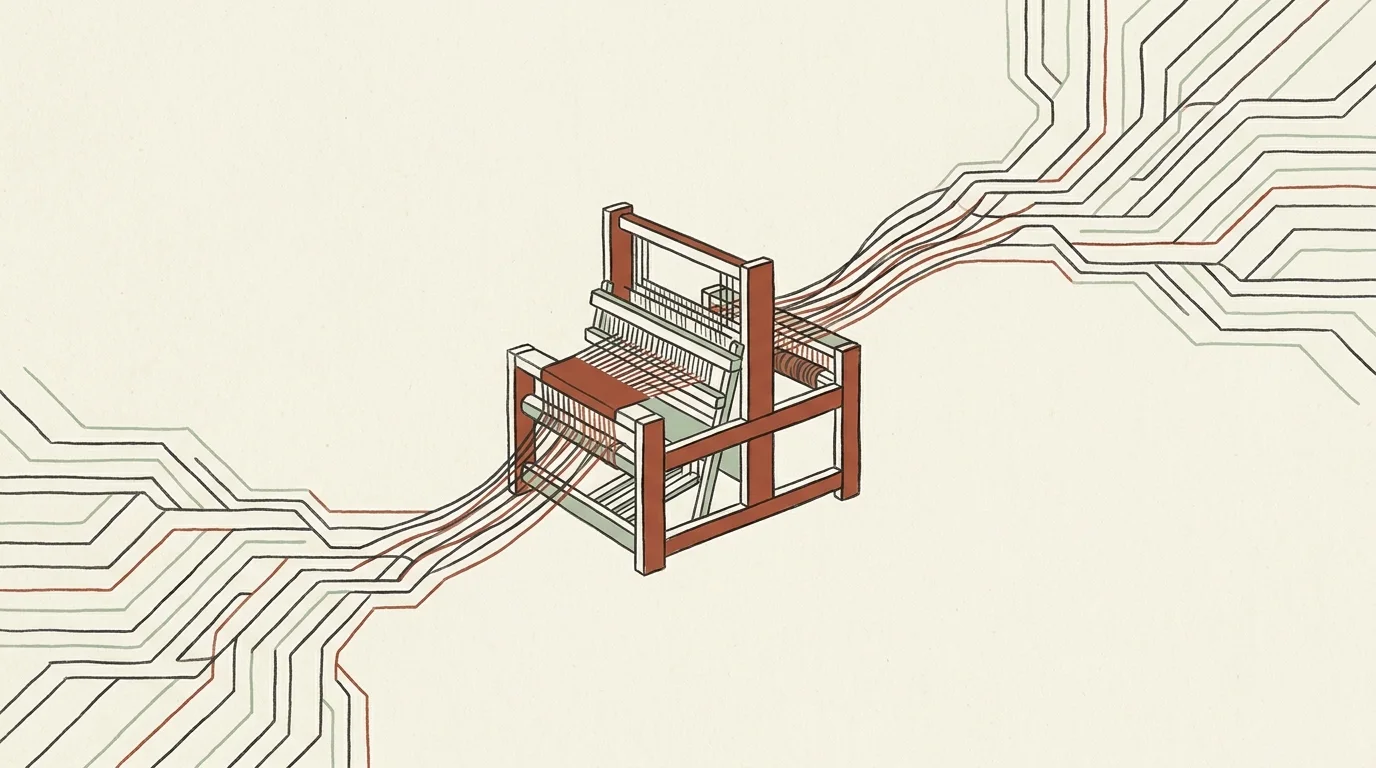 Editorial illustration of a loom weaving circuit traces into physical machinery