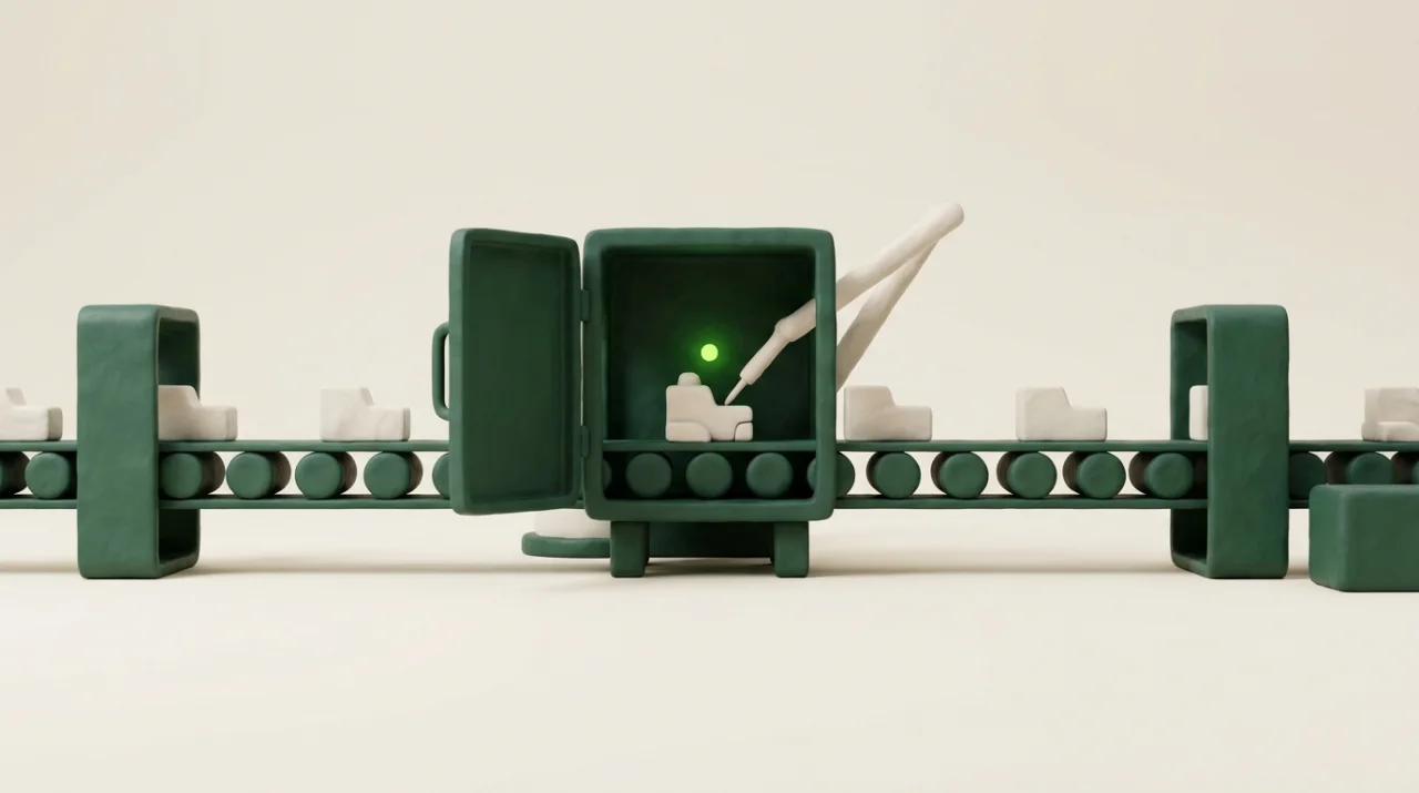 Soft 3D scene: a production line with one machine open while a robotic arm makes a fine adjustment