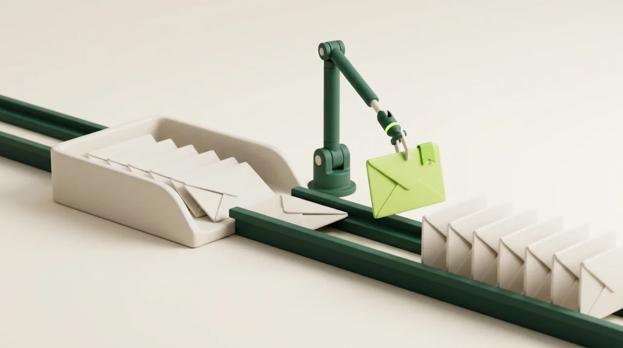 Soft 3D scene: envelopes ride rails from an inbox while a robotic arm routes one flagged message to the front