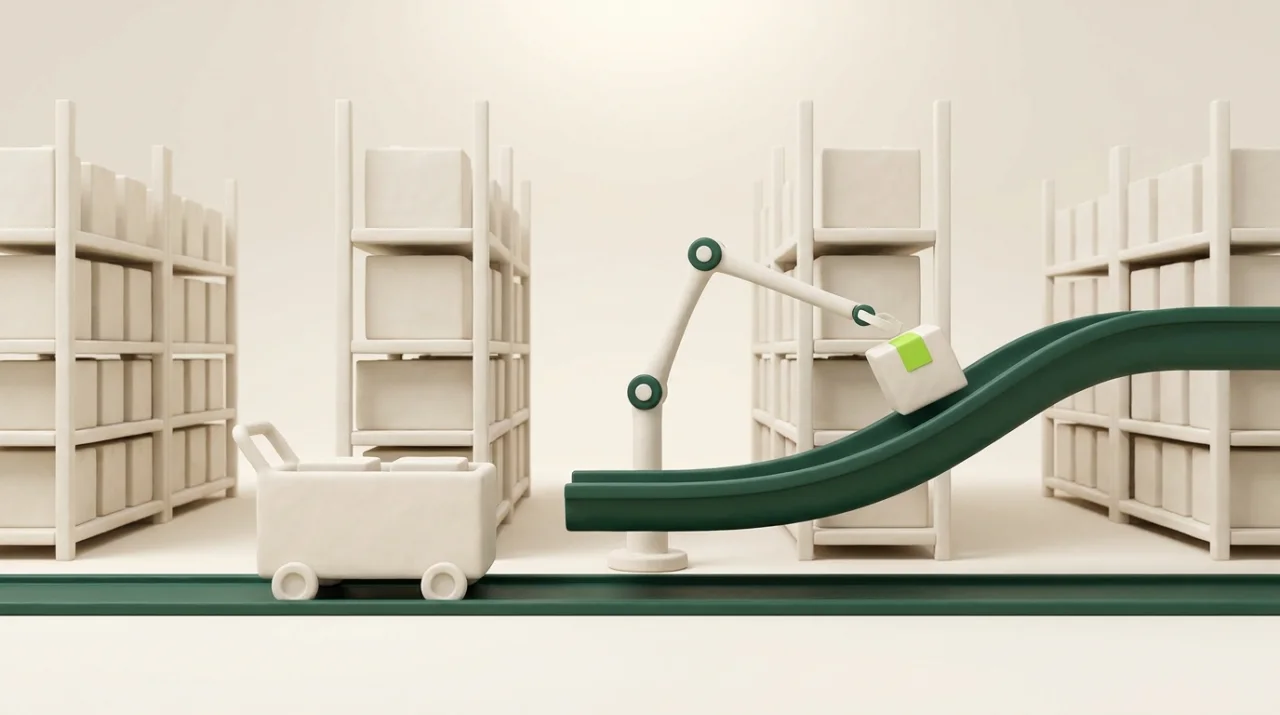 Soft 3D scene: warehouse aisles where a robotic arm reroutes a tagged parcel onto an express chute
