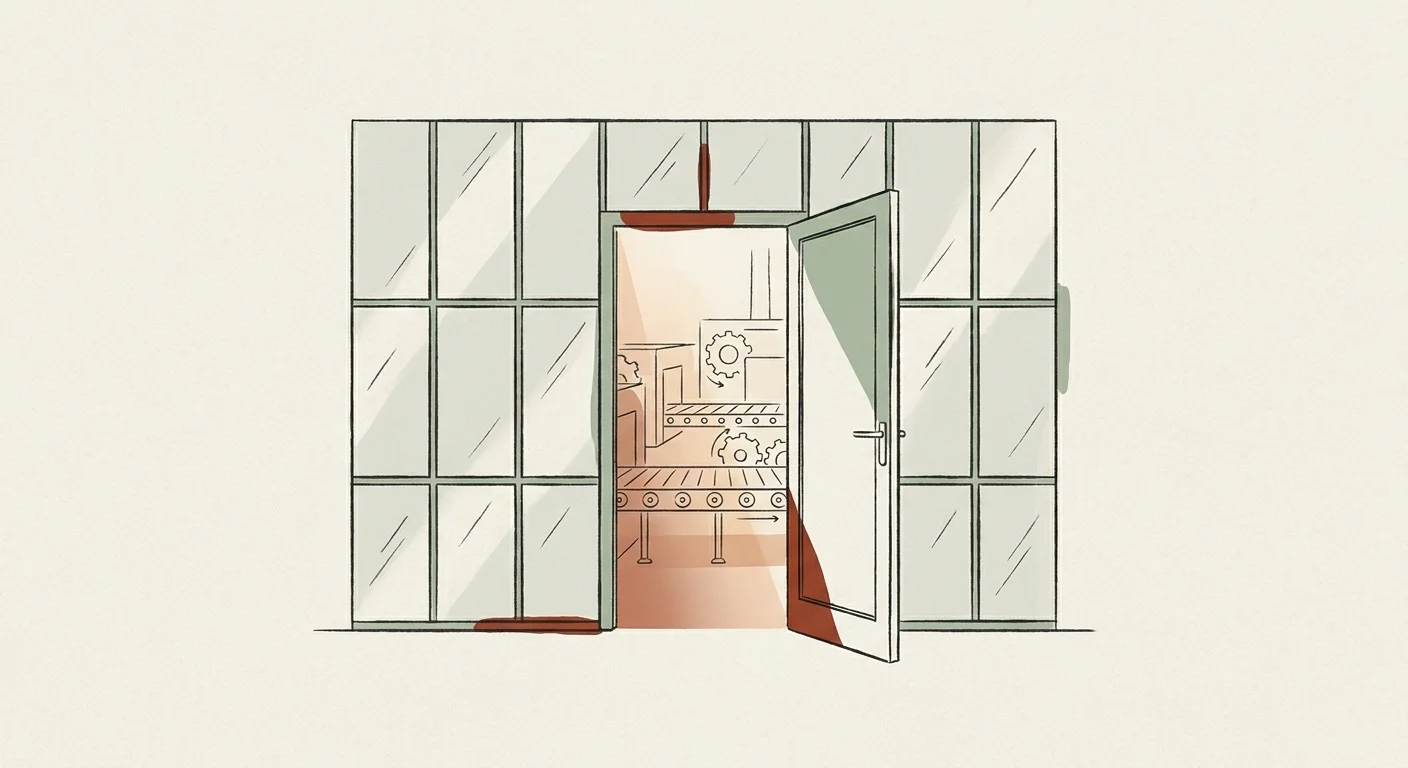 Editorial illustration: a door opening in a wall of screens onto a working factory floor
