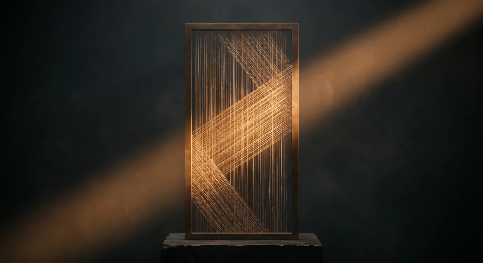 A bronze frame strung with fine fibers, one diagonal thread of light passing through the weave