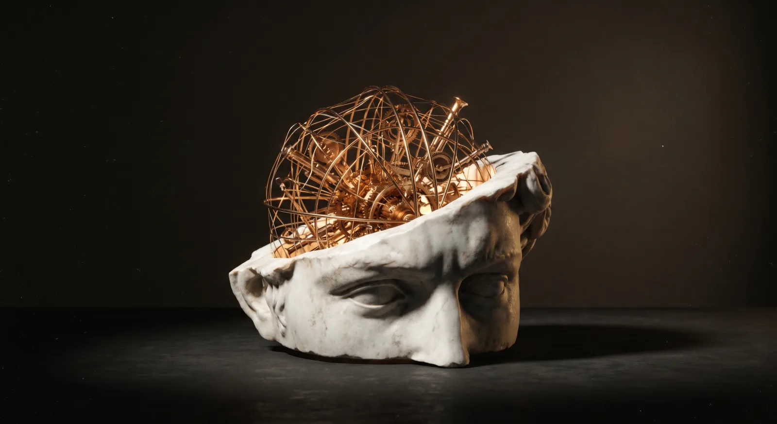 A classical marble bust broken open to reveal a bronze lattice of instruments inside