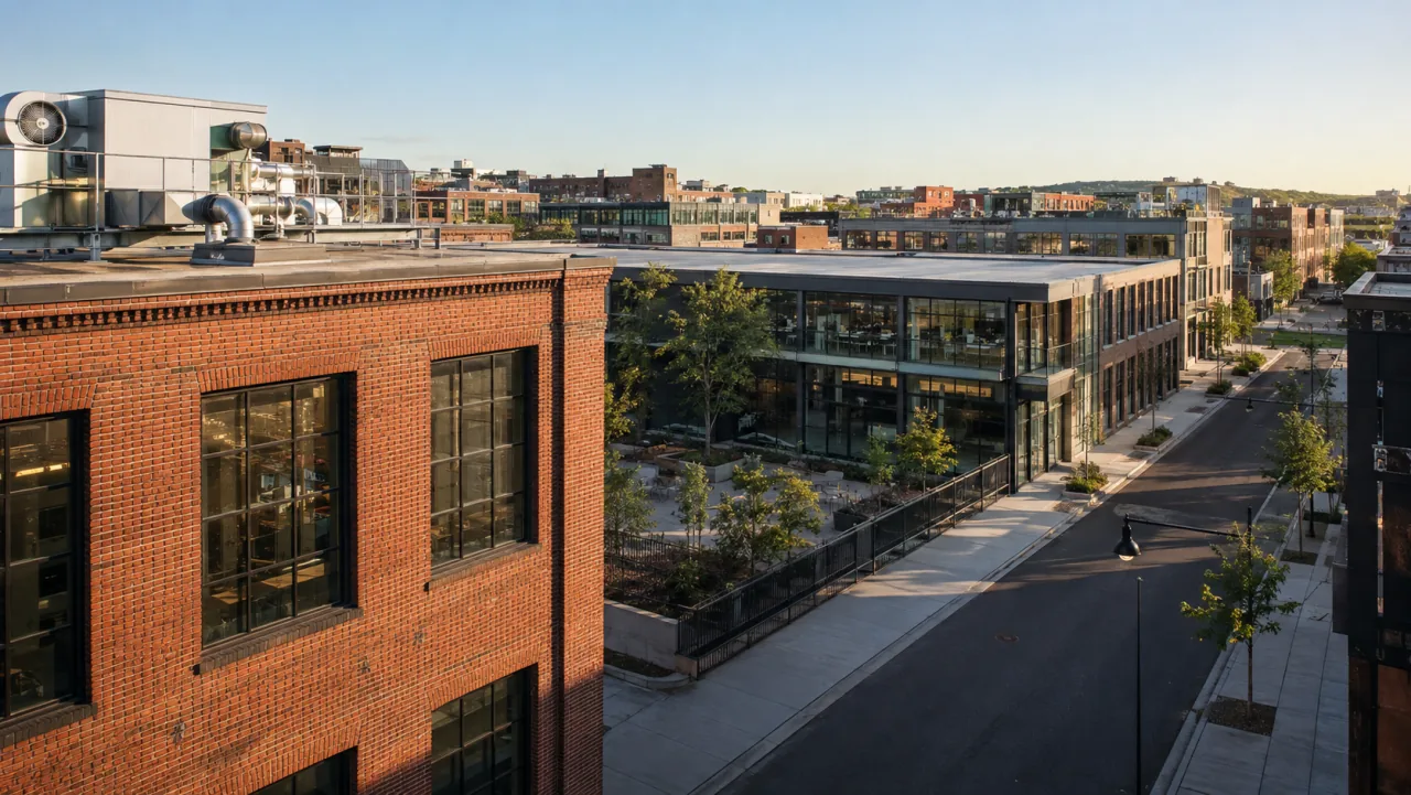 Brick and glass workspaces, rooftop equipment, and a tree-lined street.