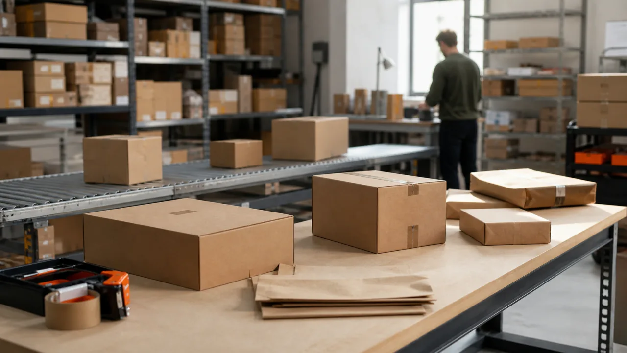 Plain parcels and packing materials on a table beside a warehouse conveyor.