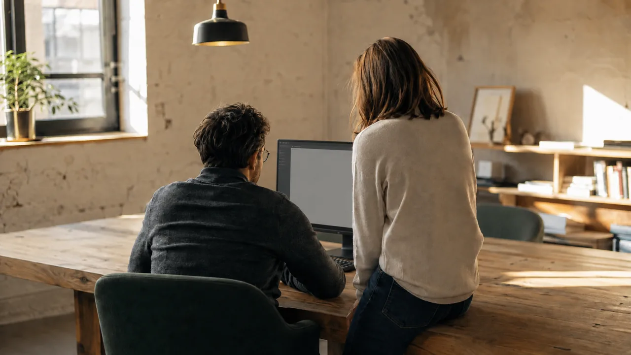 Two coworkers reviewing a monitor together in a sunlit workspace.