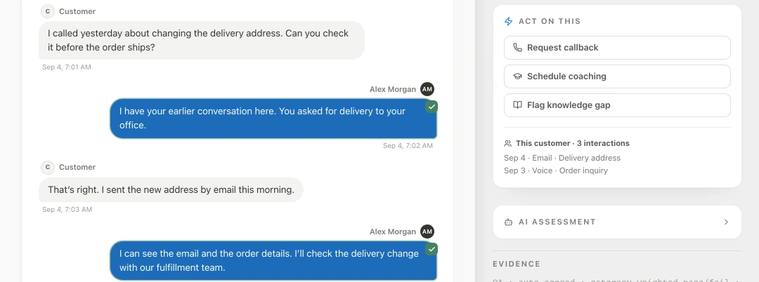 BearScope demo: earlier customer interactions stay with the conversation and its follow-up.