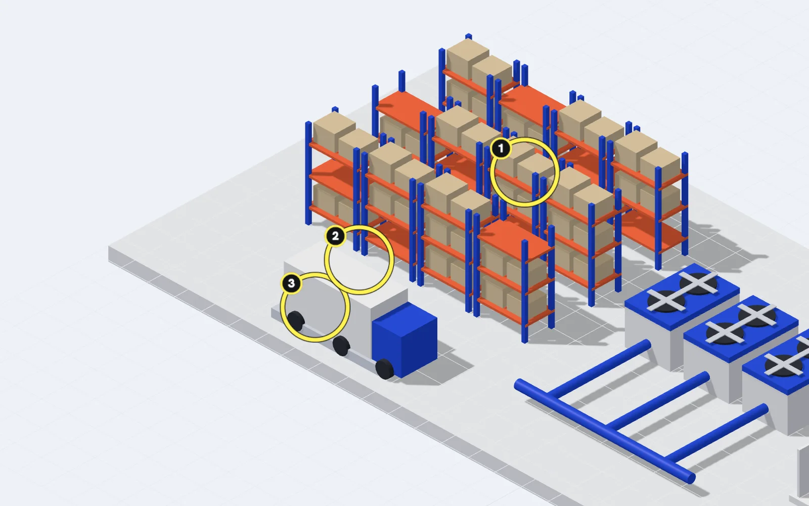 A model of the sample warehouse: pallet racks stacked with cartons, a delivery truck at the loading dock, and numbered markers on the rack, the truck and the dock.